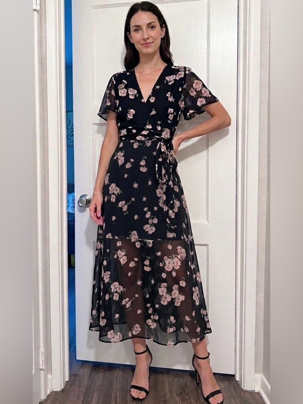 Black Floral Wrap Midi Dress with Pink Floral Print